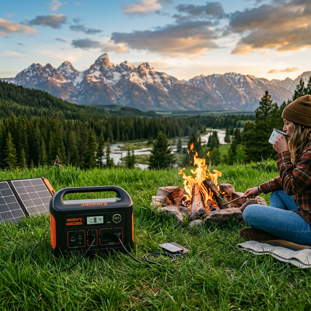 A rugged portable power station sitting on perfectly green grass next to a campfire with mountains in the background